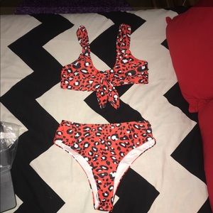 Red leopard tie-front bikini set